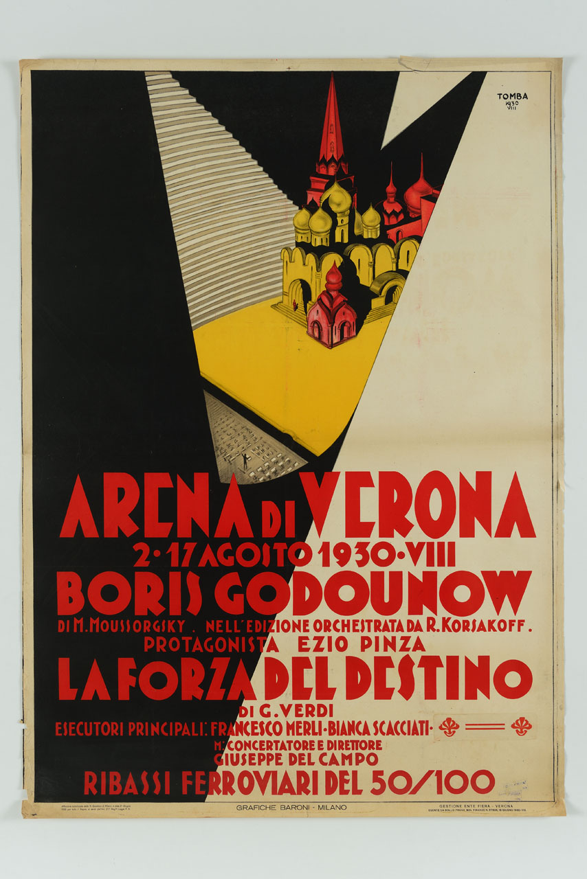 scenografia con le cattedrali del Cremlino per l'opera lirica Boris Godounow nell'Arena di Verona (manifesto) di Tomba Ernesto Amos (sec. XX)