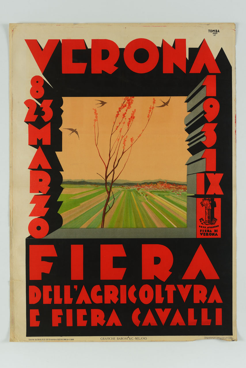 campagna coltivata con albero fiorito e rondini e la città di Verona sullo sfondo (manifesto) di Tomba Ernesto Amos (sec. XX)