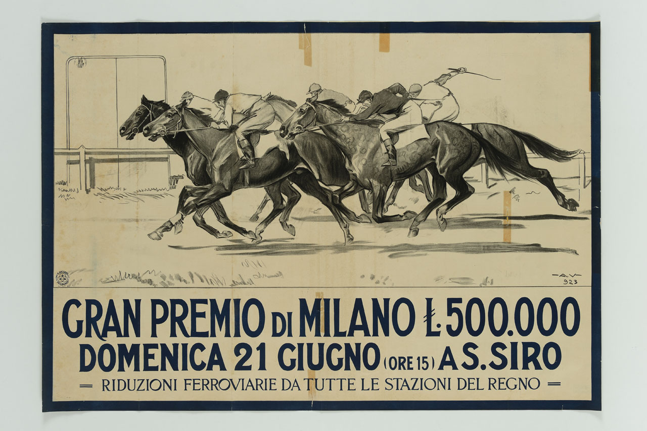 cinque fantini su cavalli al galoppo in un ippodromo (manifesto) di Vaccari Alfredo (sec. XX)