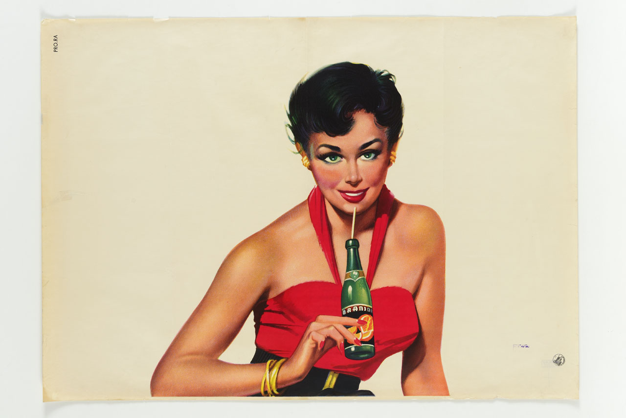 donna seduta intenta a bere con la cannuccia da una bottiglietta (manifesto, stampa composita) - ambito lombardo (sec. XX)