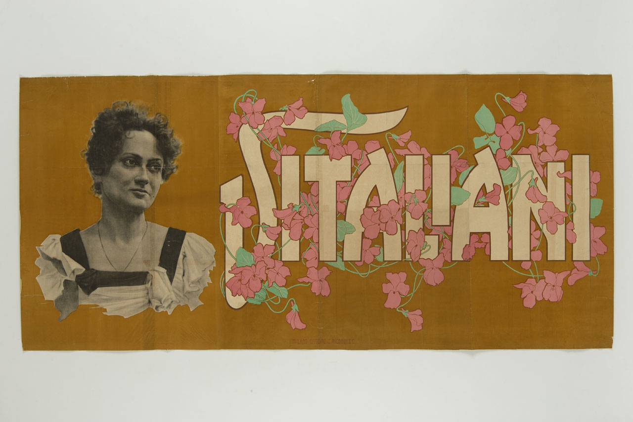 ritratto fotografico di donna e scritta con decoro floreale (manifesto, stampa composita) - ambito italiano (primo quarto sec. XX)