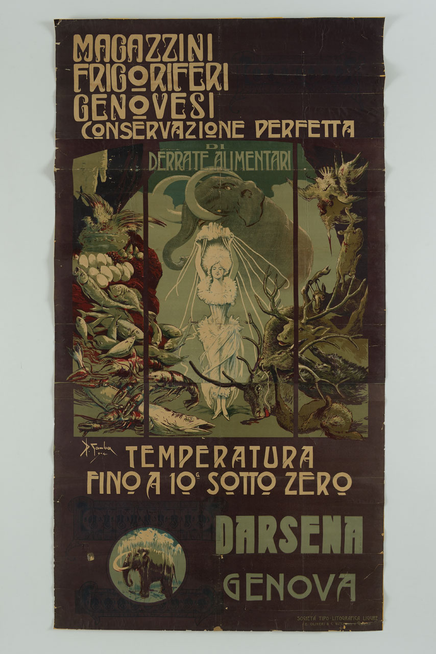 allegoria del gelo tra svariate specie di pesci e cacciagione (manifesto, stampa composita) di Garuti Giuseppe detto Pipein Gamba (sec. XX)