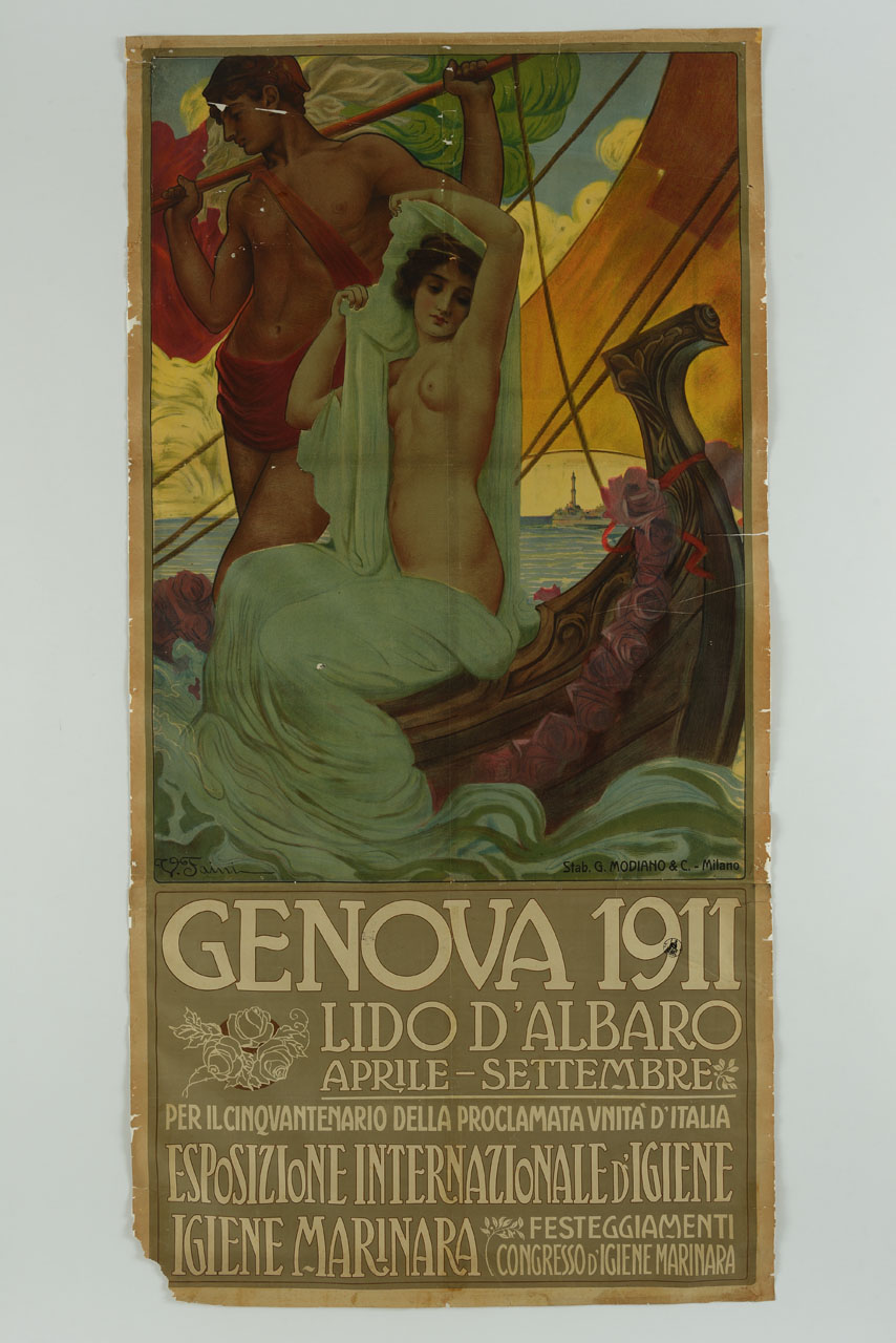 giovane con bandiera dell'Italia e donna nuda ammantata su una imbarcazione (manifesto, stampa composita) di Faini Virgilio Dante (sec. XX)