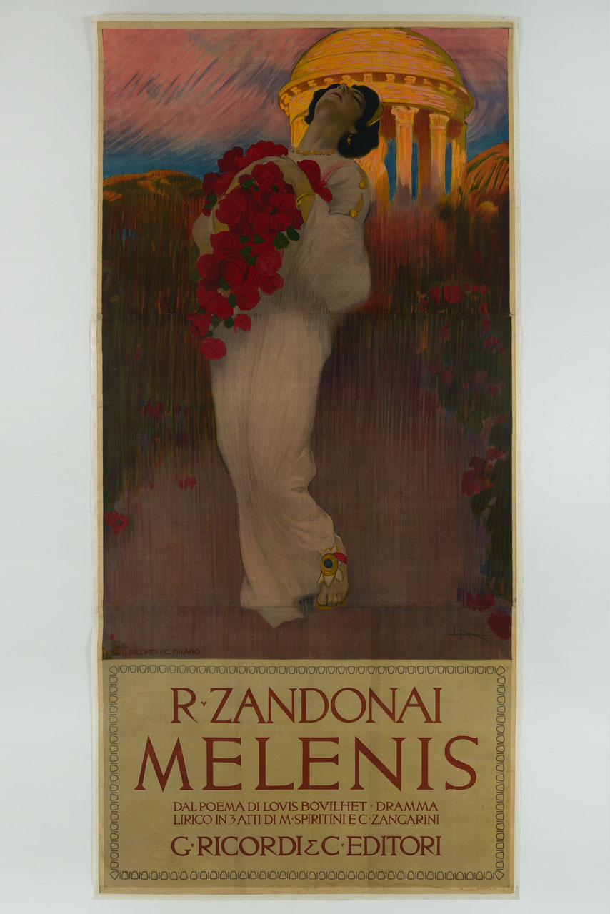 Melenis con un bouquet di rose rosse sullo sfondo di un tempietto circolare (manifesto, stampa composita) di Metlicovitz Leopoldo (sec. XX)