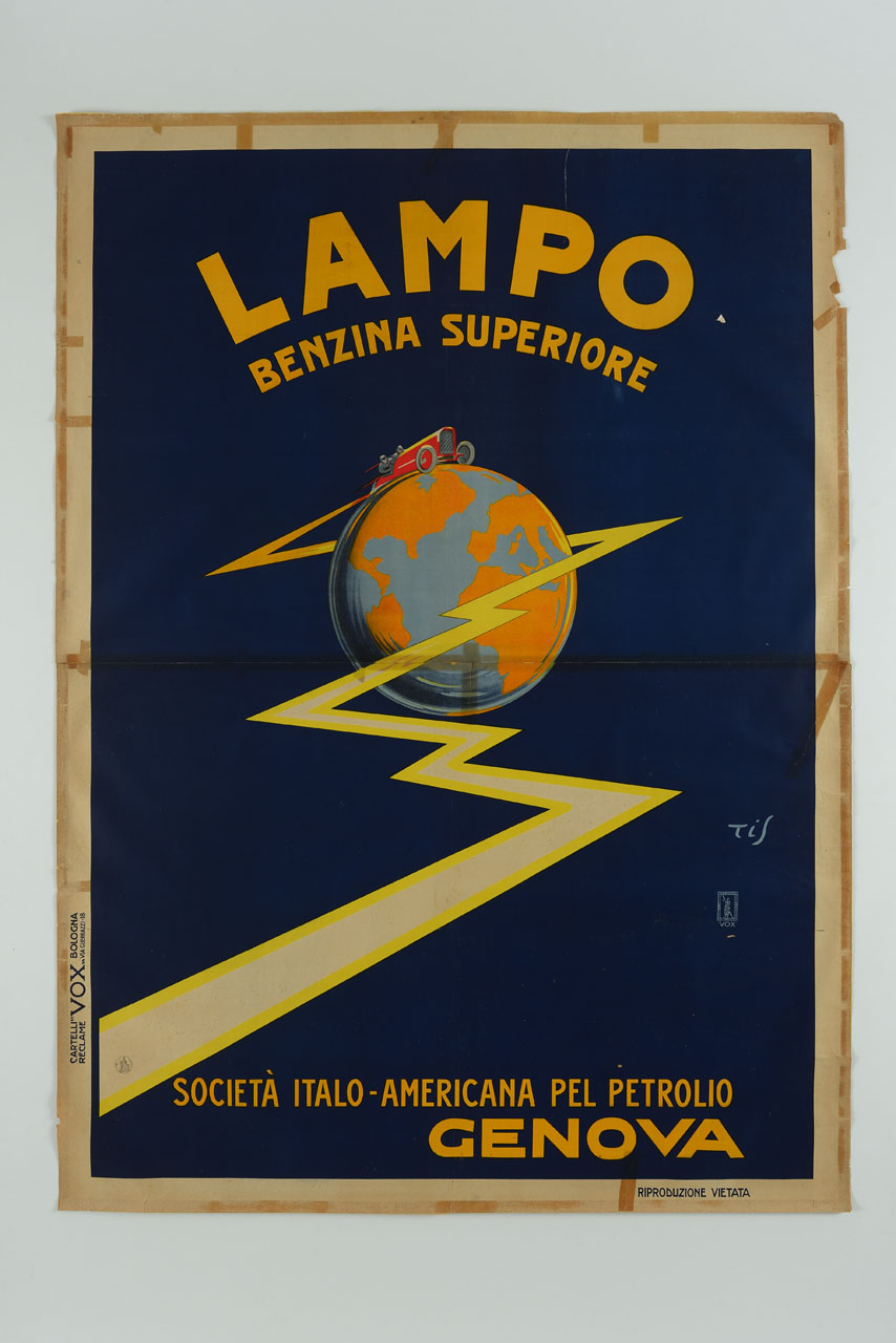 automobile viaggia sul globo terrestre lasciando una scia a forma di lampo (manifesto, stampa composita) - ambito bolognese (prima metà sec. XX)