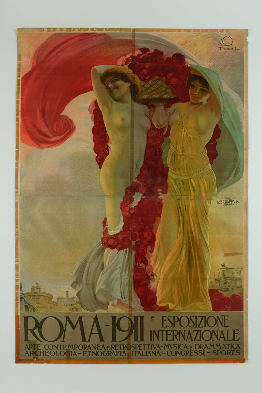 due donne seminude con cesta carica di rose rosse su una veduta ideale di Roma (manifesto, stampa composita) di Terzi Aleardo (sec. XX)