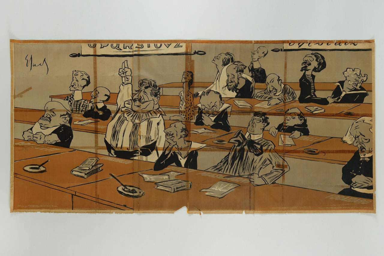 caricatura di personaggi della cultura e dell'arte di primo Novecento sui banchi del Senato (manifesto, stampa composita) di Sacchetti Enrico (inizio sec. XX)