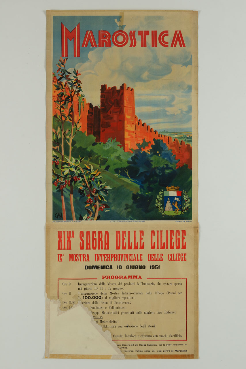 veduta con castello e mura fortificate (manifesto, stampa composita) di Chiletto Francesco Raffaele detto Chifra (sec. XX)