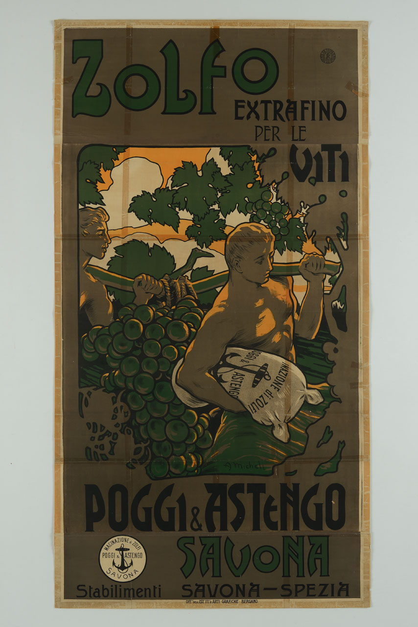 uomini portano enormi grappoli d'uva e un sacco di zolfo (manifesto, stampa composita) di Micheli A (primo quarto sec. XX)