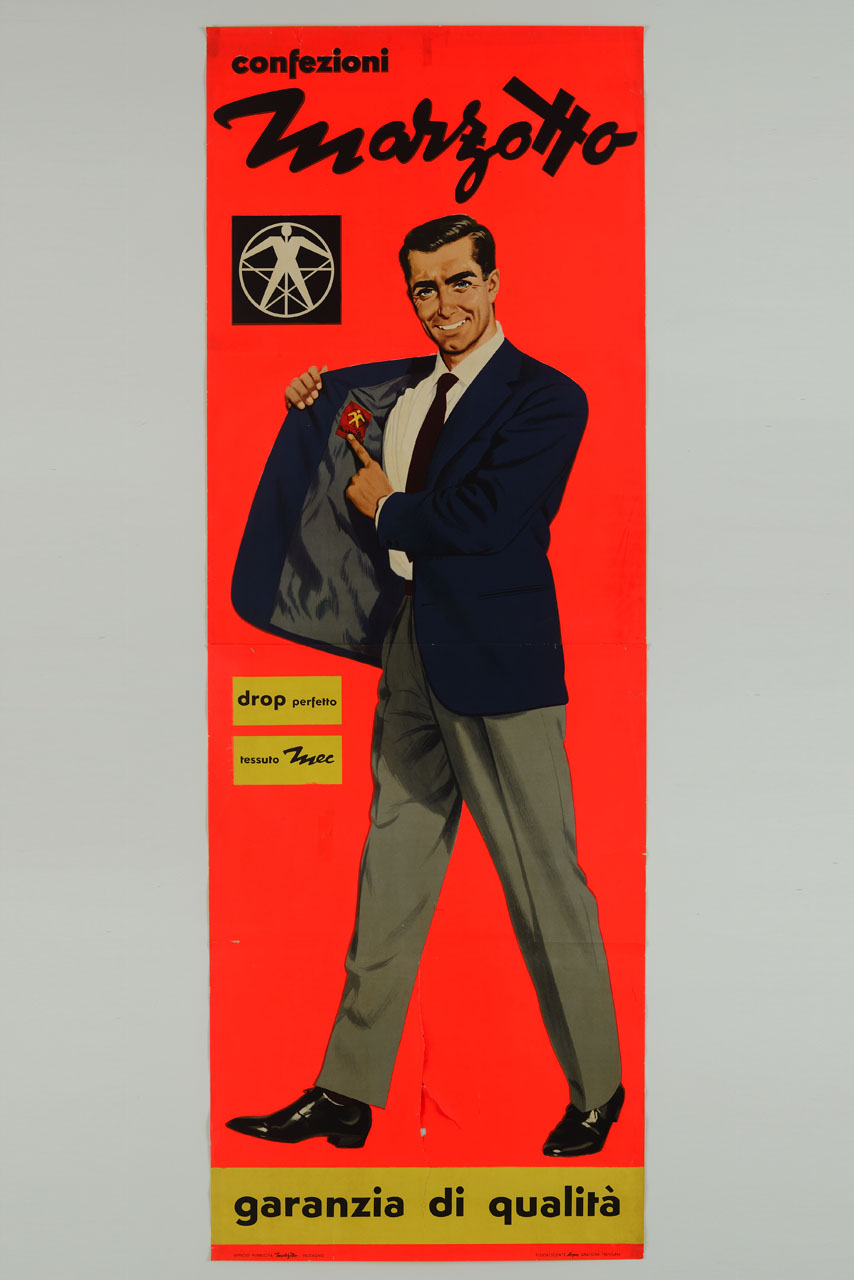 uomo in abito elegante indica il marchio cucito all'interno della giacca (manifesto, stampa composita) - ambito italiano (sec. XX)