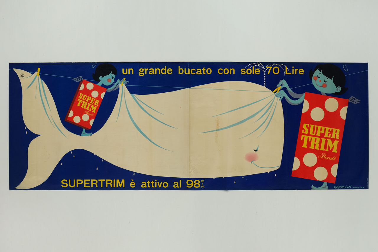 due angeli stendono una balena bianca sul filo da bucato (manifesto, stampa composita) di Rossetti Gian Carlo, Studio Stile (sec. XX)