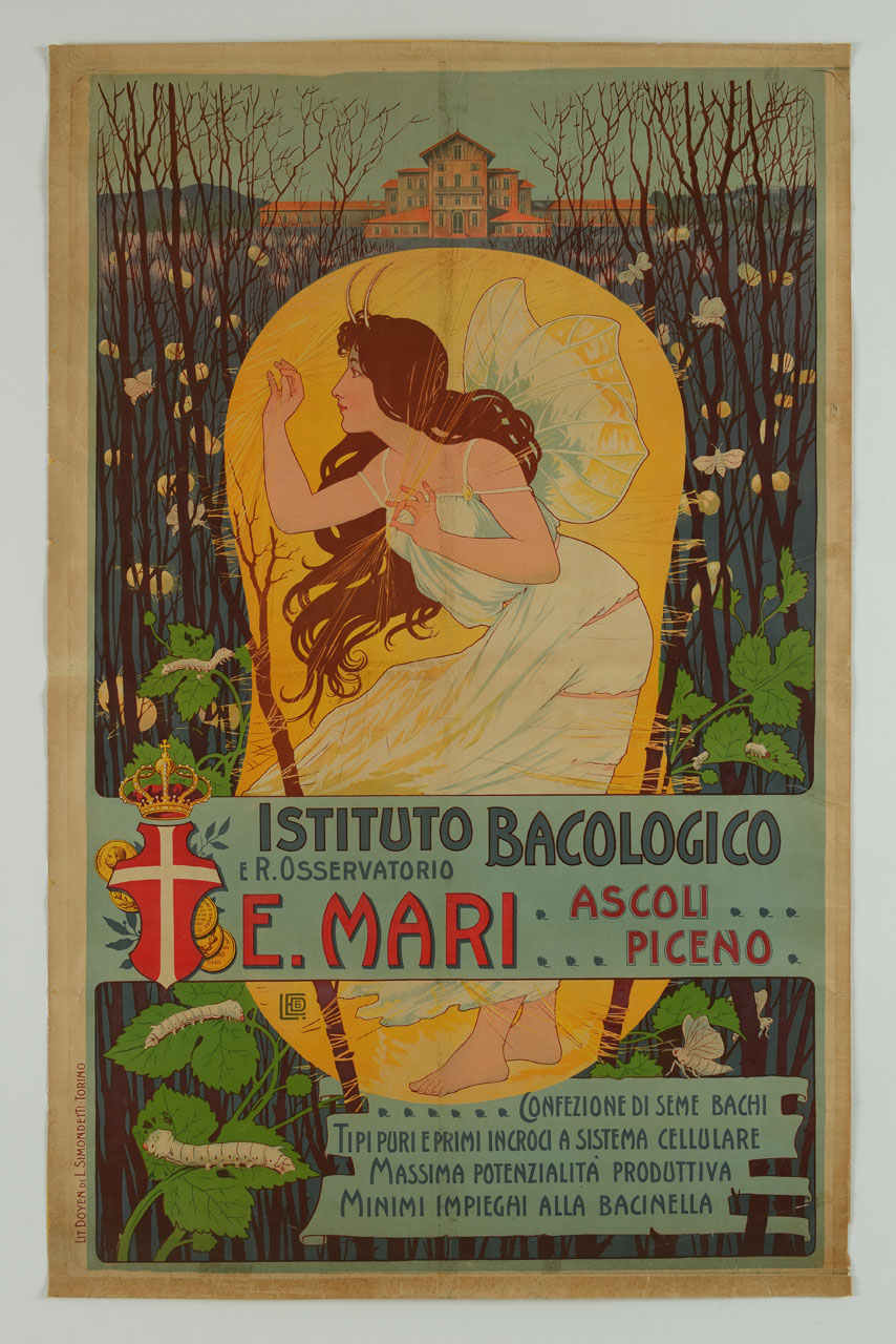 personificazione femminile di una falena all'interno di un baco da seta tra foglie e rami di gelso (manifesto) di Edel Leonida (inizio sec. XX)