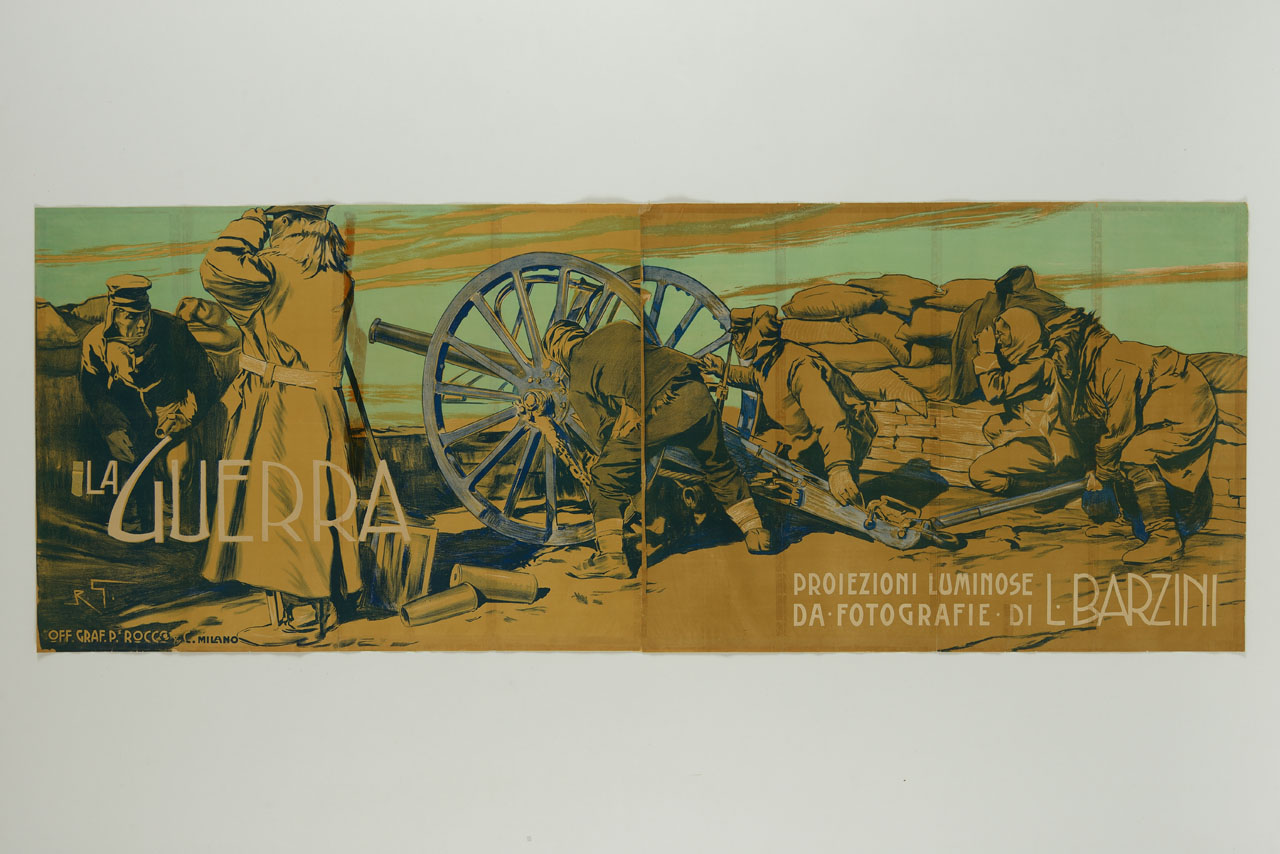 soldati in azione di guerra con cannone (manifesto, stampa composita) di Galli Riccardo (primo quarto sec. XX)