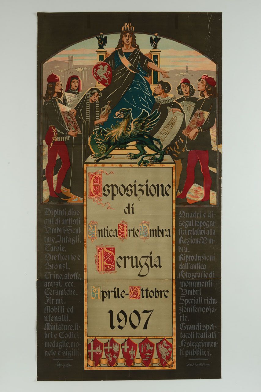 Perusia raffigurata come regina in trono riceve omaggi dagli antichi artisti umbri (manifesto, stampa composita) di Giancarli Alfredo (sec. XX)