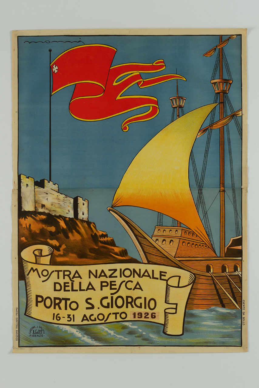 veliero in prossimità  della costa sormontata da una fortificazione con bandiera rossa (manifesto, stampa composita) di Monni Pietro (sec. XX)