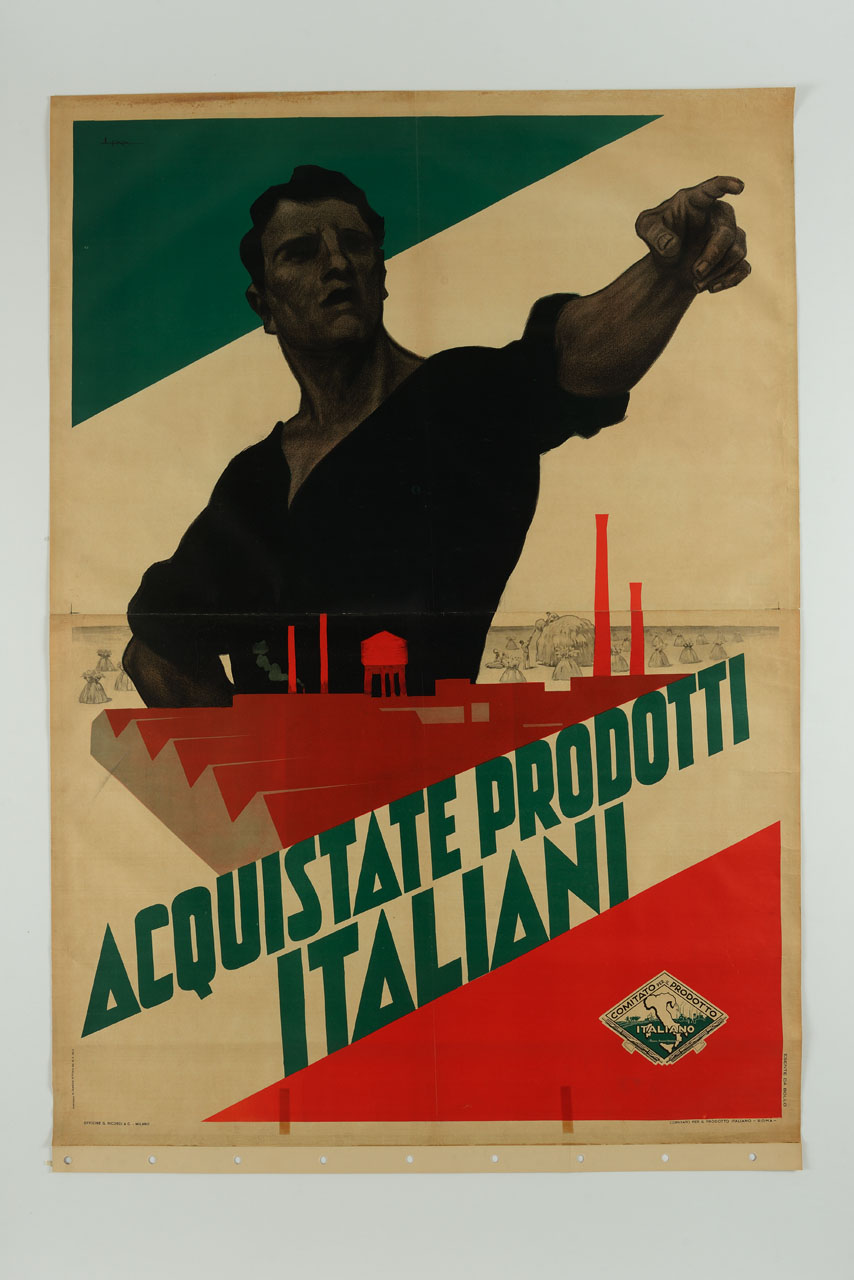 uomo in camicia nera stante tra un campo di grano e una fabbrica rivolge lo sguardo lontano e punta il dito (manifesto, stampa composita) di Metlicovitz Leopoldo (sec. XX)