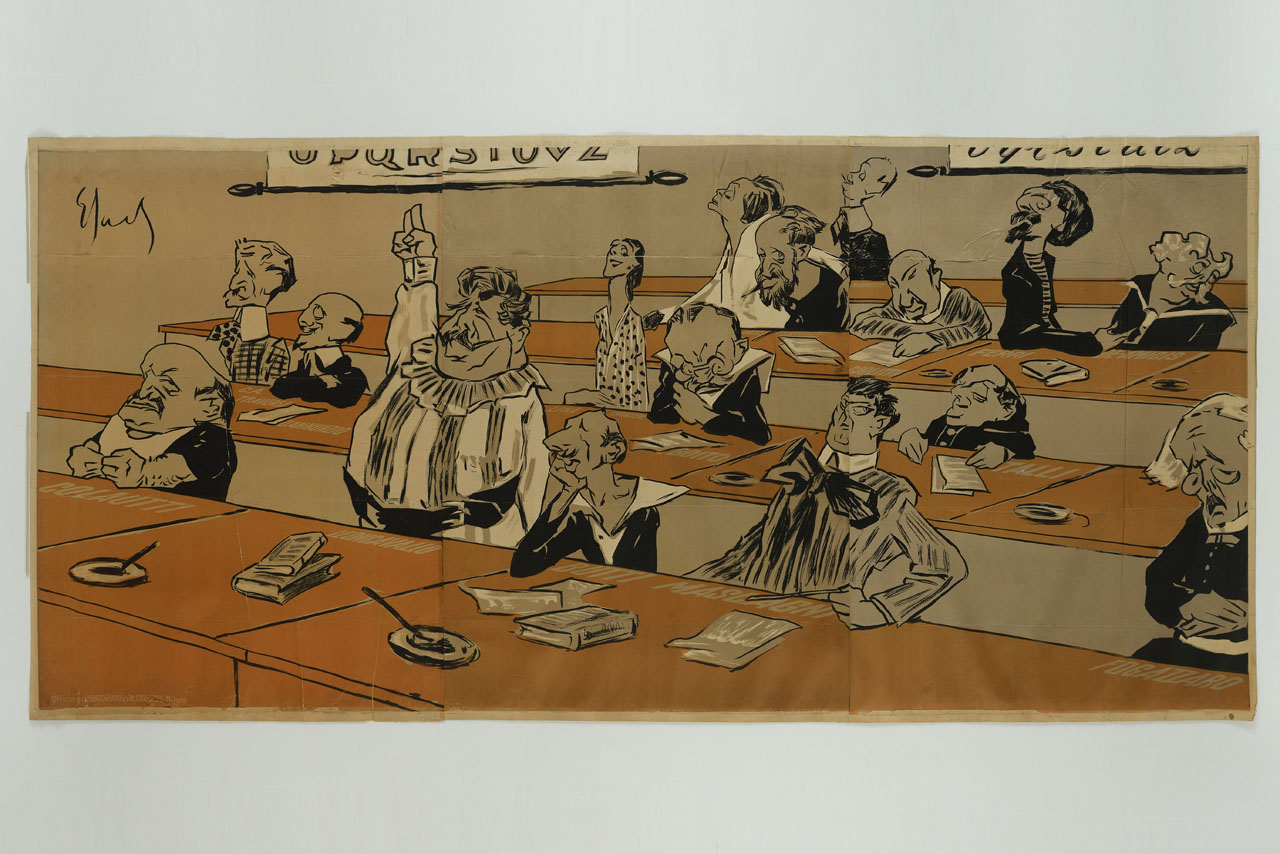 caricatura di personaggi della cultura e dell'arte di primo Novecento sui banchi del Senato (manifesto, stampa composita) di Sacchetti Enrico (inizio sec. XX)