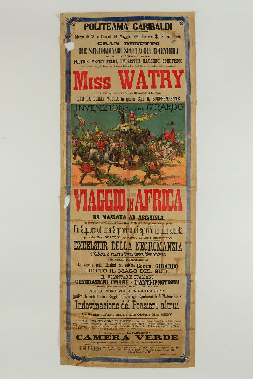 figuranti e animali in marcia (manifesto, stampa composita) di Paggiaro Emilio (sec. XIX)