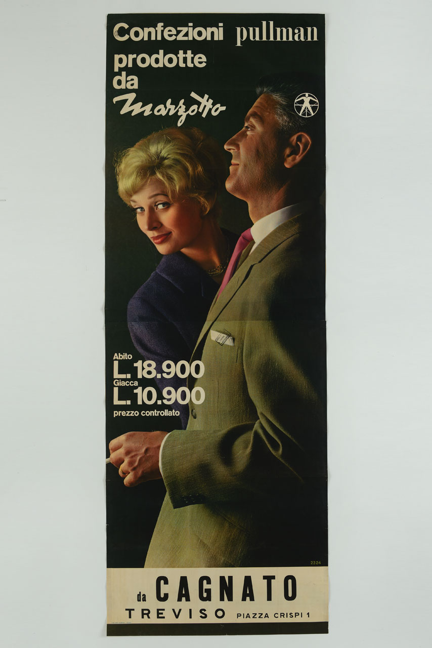 donna e uomo in giacca (manifesto, stampa composita) - ambito italiano (sec. XX)