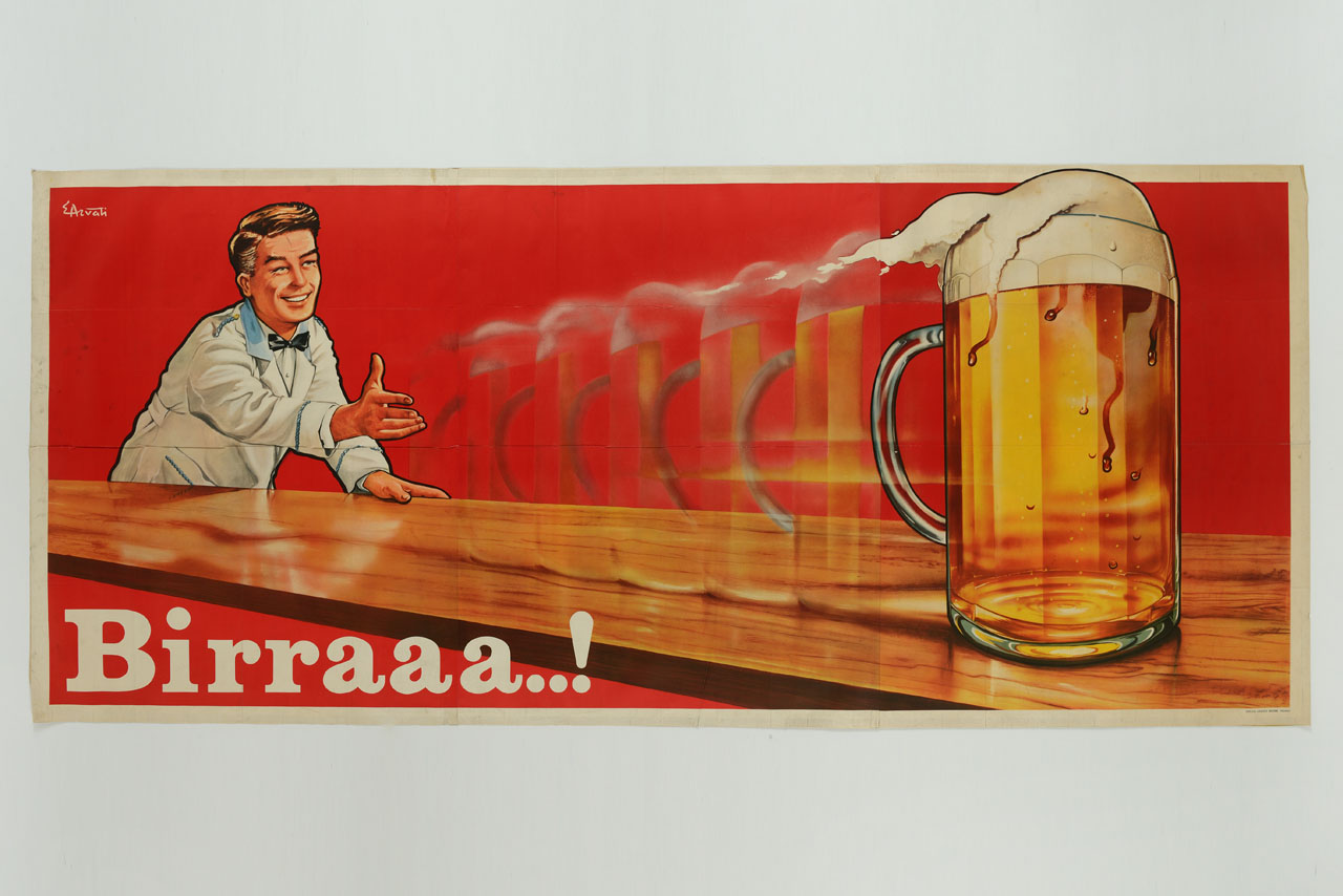 barista fa scorrere un boccale di birra sul bancone (manifesto, stampa composita) di Arvati Enrico (sec. XX)