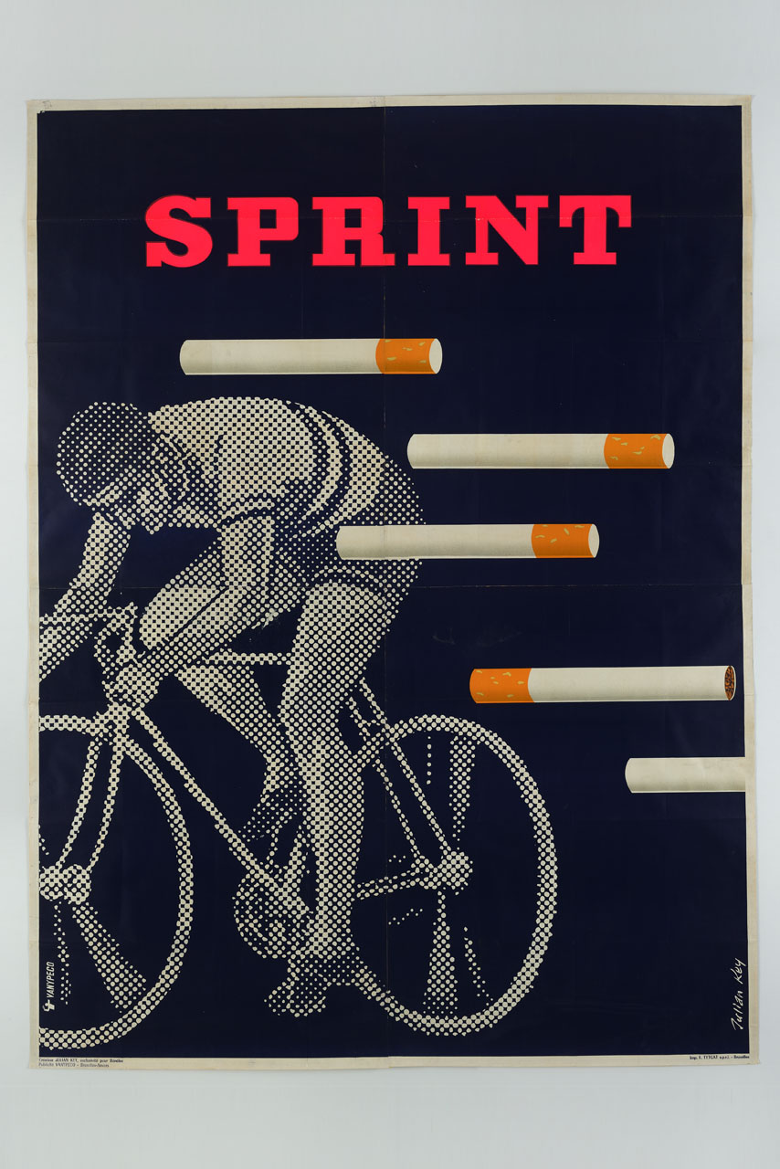 sigarette aleggiano su un fondo blu con la silhouette di un ciclista (manifesto, stampa composita) di Keymolen Julian detto Key Julian (terzo quarto sec. XX)