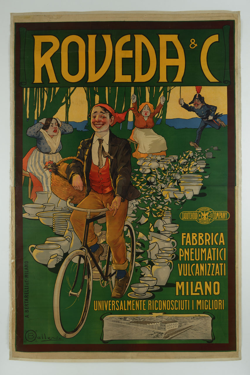 ladro di galline inseguito dal gendarme scappa in bicicletta passando sopra una lunga fila di stoviglie (manifesto, stampa composita) di Ballerio Osvaldo (inizio sec. XX)