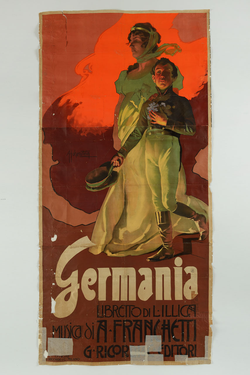 un giovane Napoleone Bonaparte [?] saluta togliendo il cappello e stringendo al cuore fiorellini accompagnato dalla personificazione della Germania con la mano sulla sua spalla (manifesto, stampa composita) di Hohenstein Adolf (sec. XX)