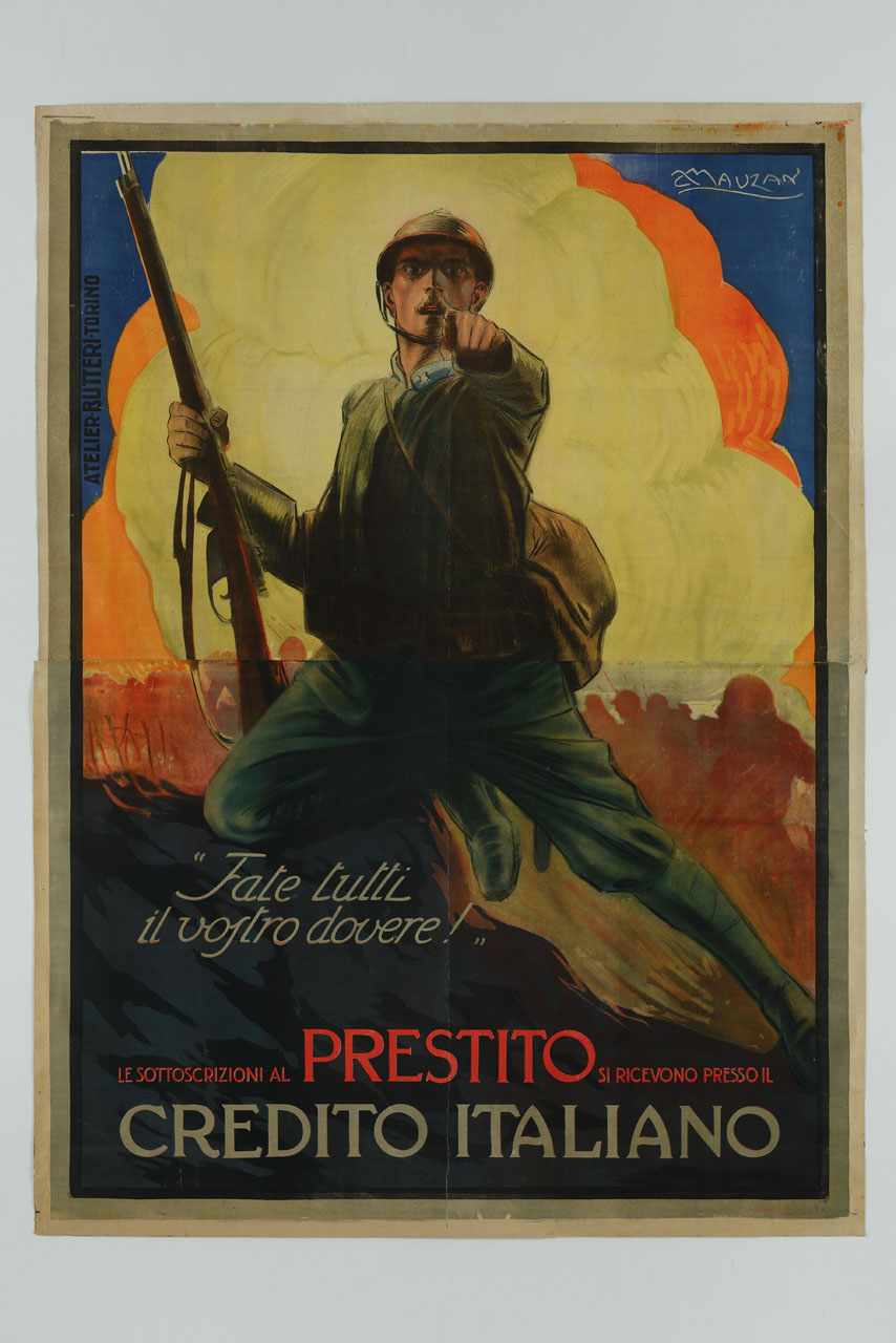 soldato con fucile nel campo di battaglia punta il dito verso l'osservatore (manifesto, stampa composita) di Mauzan Achille Luciano (sec. XX)