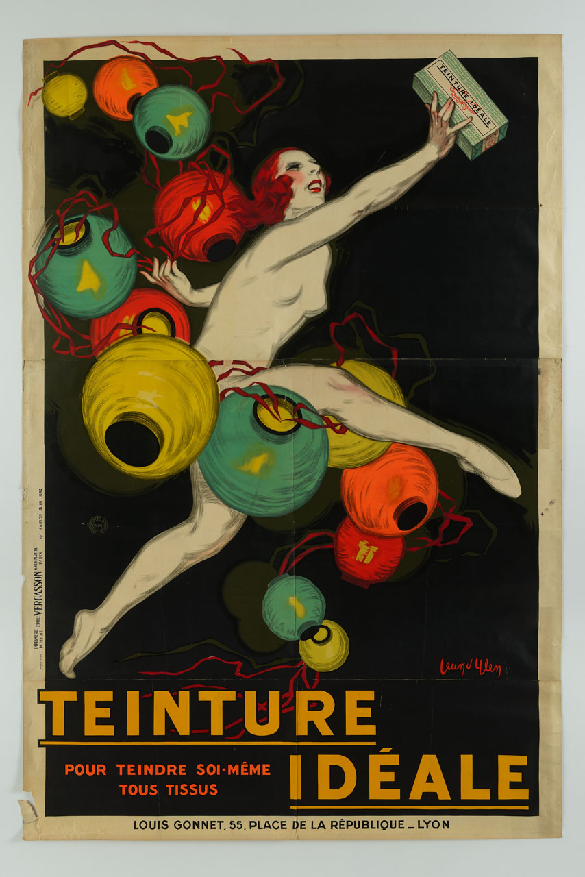 donna nuda si muove a passo di danza tra lampade cinesi colorate mostrando una confezione di tintura (manifesto, stampa composita) di D'Ylen Jean (sec. XX)