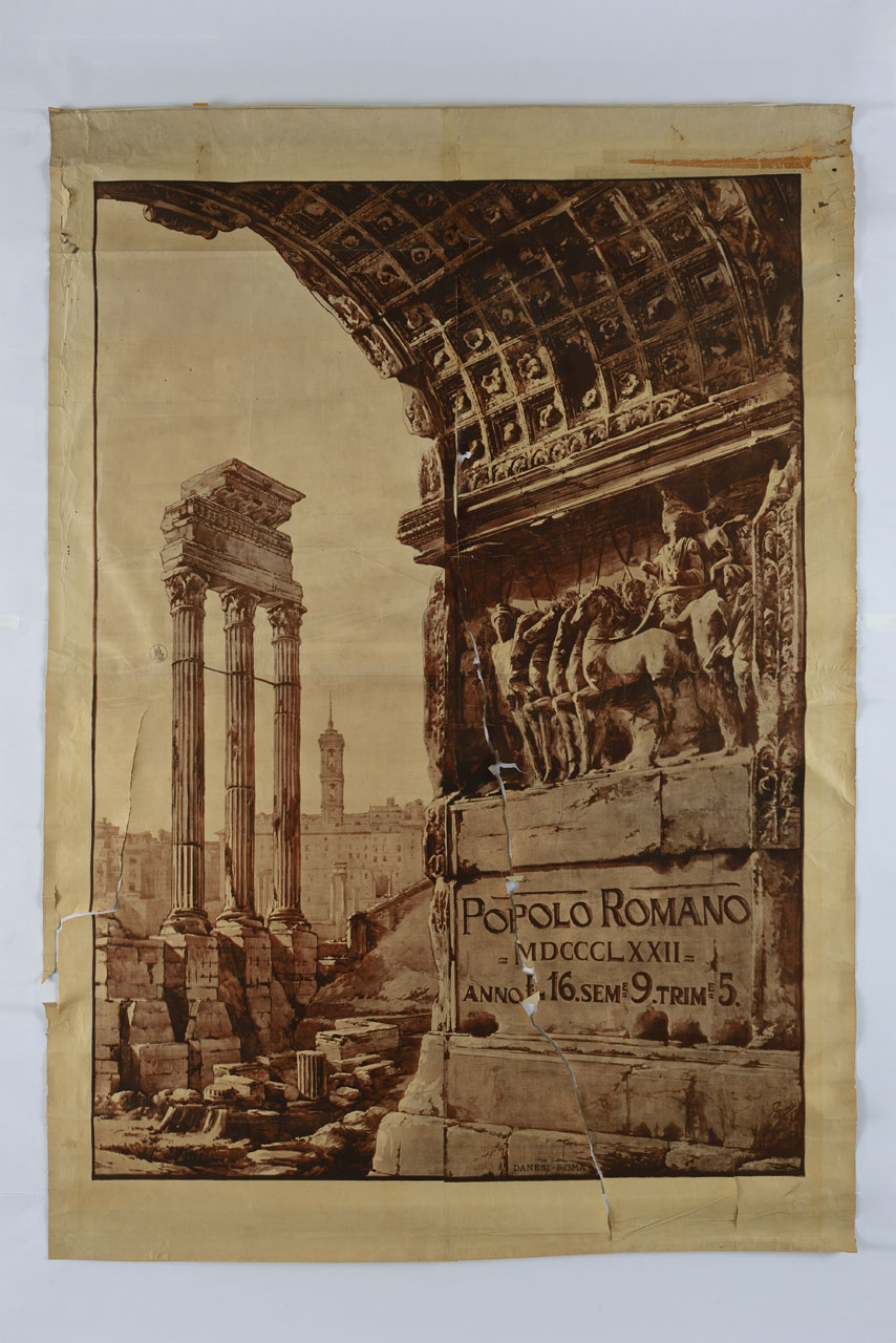 veduta del Foro Romano dal fornice dell'Arco di Tito (manifesto, stampa composita) - ambito italiano (sec. XIX)