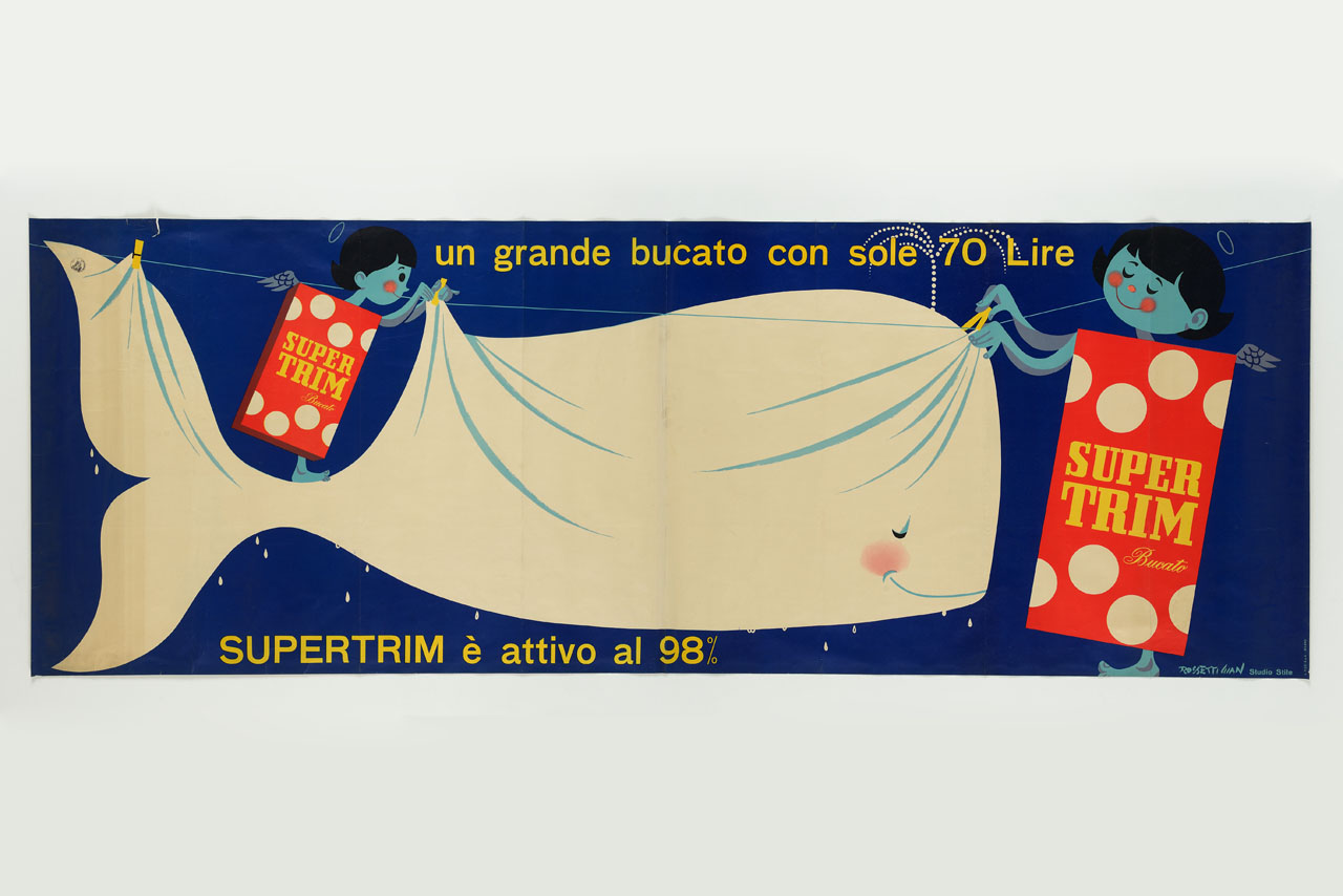 due angeli stendono una balena bianca sul filo da bucato (manifesto, stampa composita) di Rossetti Gian Carlo, Studio Stile (sec. XX)