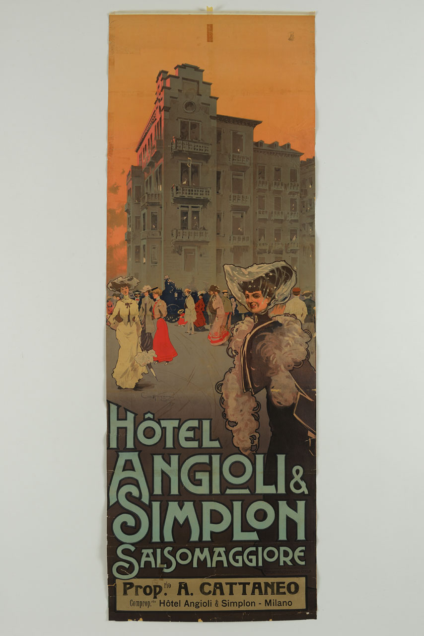 uomini e donne a passeggio sullo sfondo dell'Hotel Angioli & Simplon di Salsomaggiore (manifesto, stampa composita) di Craffonara Aurelio (sec. XX)