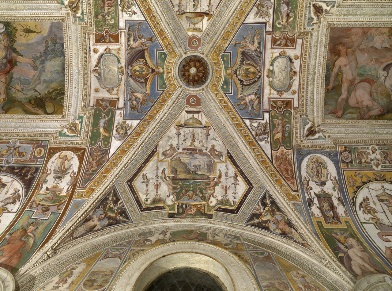 paesaggio con rovine (dipinto murale, elemento d'insieme) di Motta Raffaellino detto Raffaellino da Reggio (e aiuti), Brill Paul (maniera) (sec. XVI)
