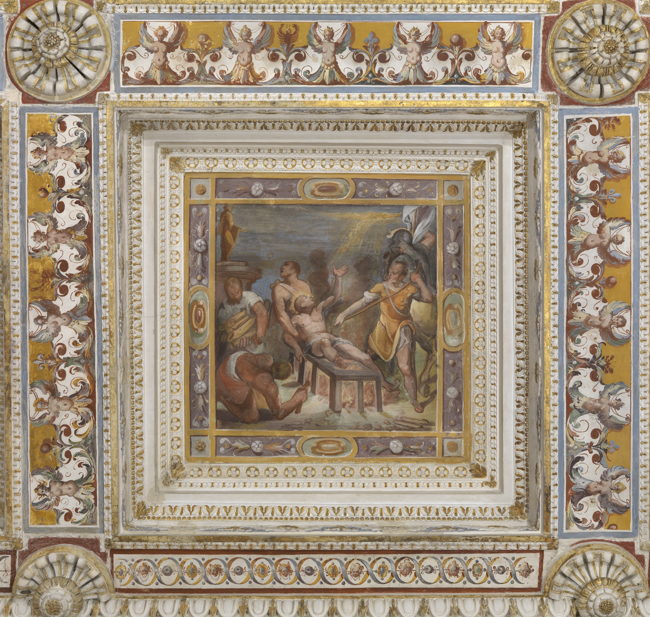 Martirio di San Lorenzo (dipinto murale, elemento d'insieme) di De Vecchi Giovanni (attribuito), Lombardelli Giovanni Battista detto Montano (attribuito) (sec. XVI)