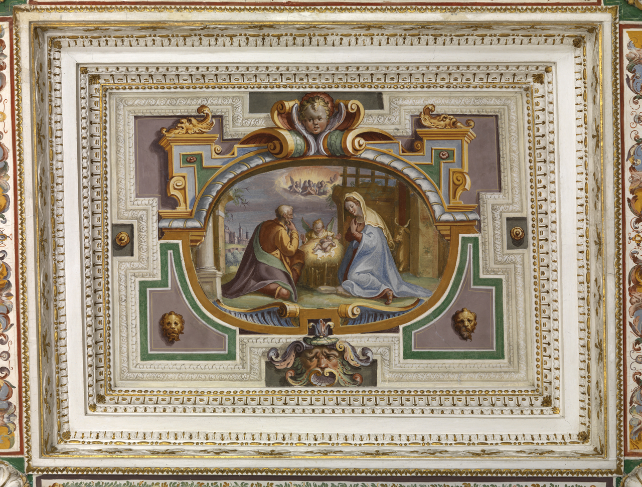 adorazione di Gesù Bambino (dipinto murale, elemento d'insieme) di Motta Raffaellino detto Raffaellino da Reggio (e aiuti) (sec. XVI)