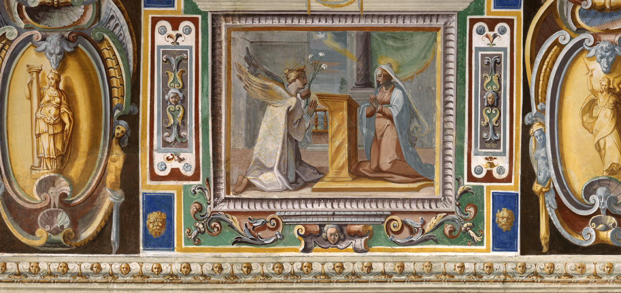 Annunciazione (dipinto murale, elemento d'insieme) di Motta Raffaellino detto Raffaellino da Reggio (e aiuti) (sec. XVI)