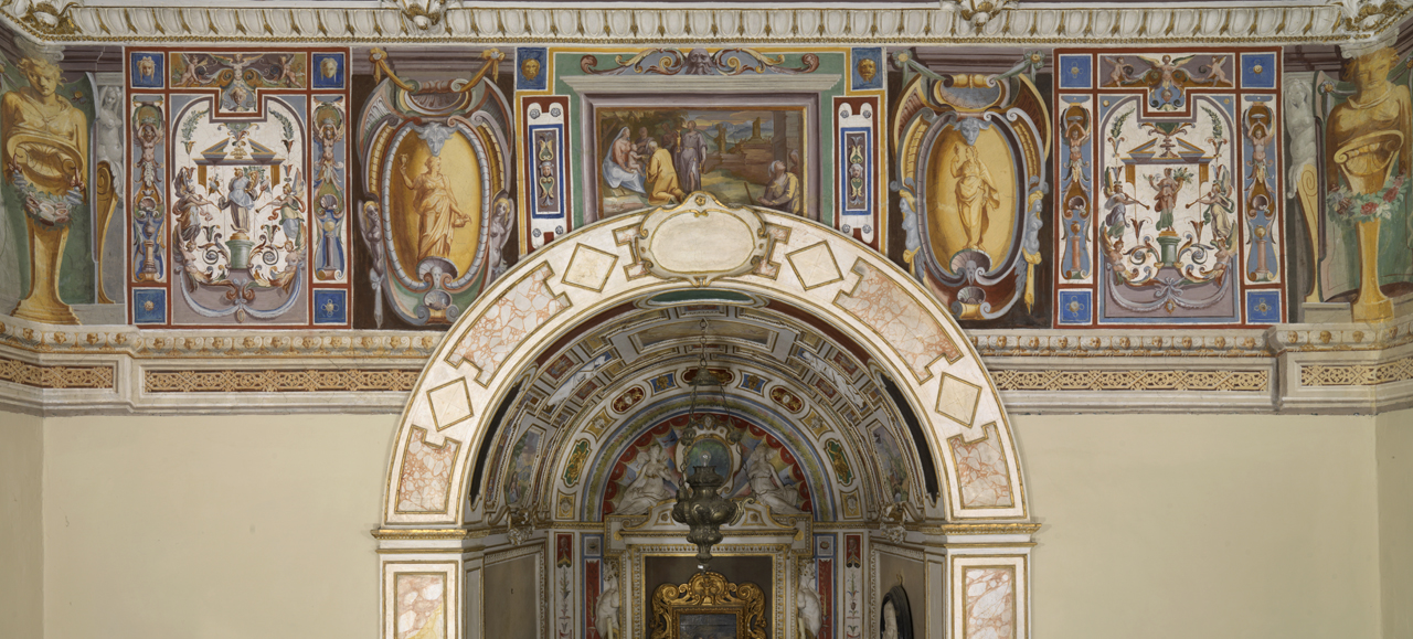 storie della natività di Gesù tra Virtù e figure allegoriche (dipinto murale, ciclo) di Motta Raffaellino detto Raffaellino da Reggio (e aiuti) (sec. XVI)