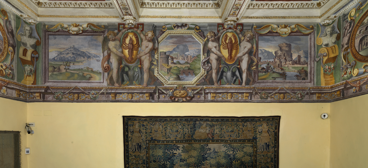 paesaggio ideale (dipinto murale, elemento d'insieme) di Motta Raffaellino detto Raffaellino da Reggio (e aiuti) (sec. XVI)