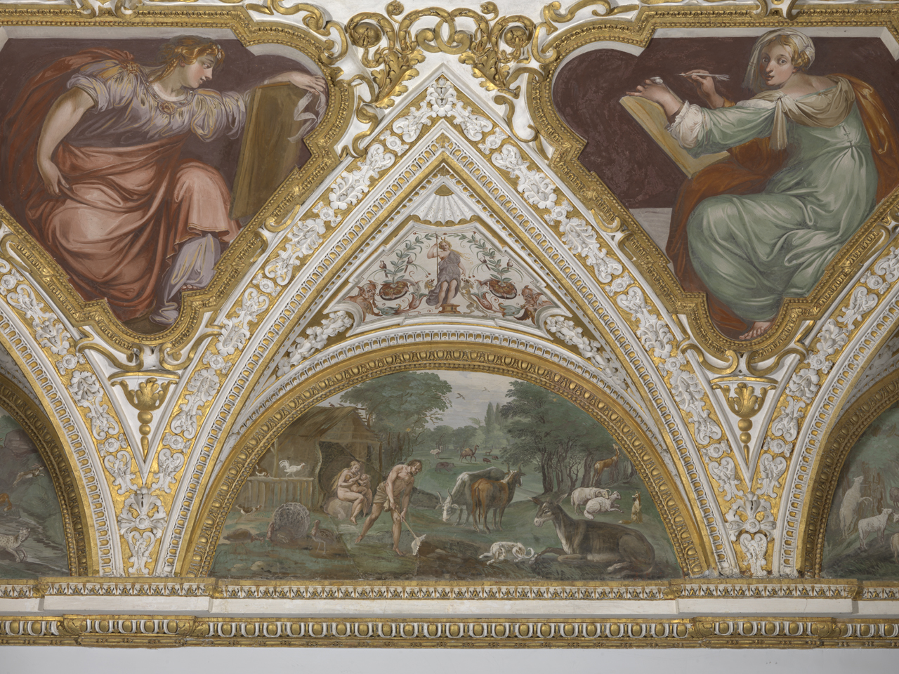 Adamo coltiva la terra mentre Eva allatta i bambini (dipinto murale, elemento d'insieme) di Tassi Agostino (attribuito) (sec. XVII)