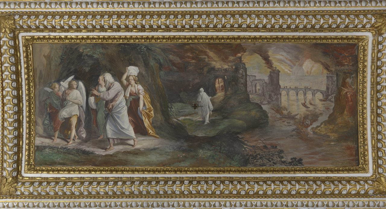 Lot e la famiglia in fuga da Sodoma (dipinto murale, elemento d'insieme) di Agostino Tassi (e aiuti), Bartolomeo Fiammingo (attribuito) (sec. XVII)