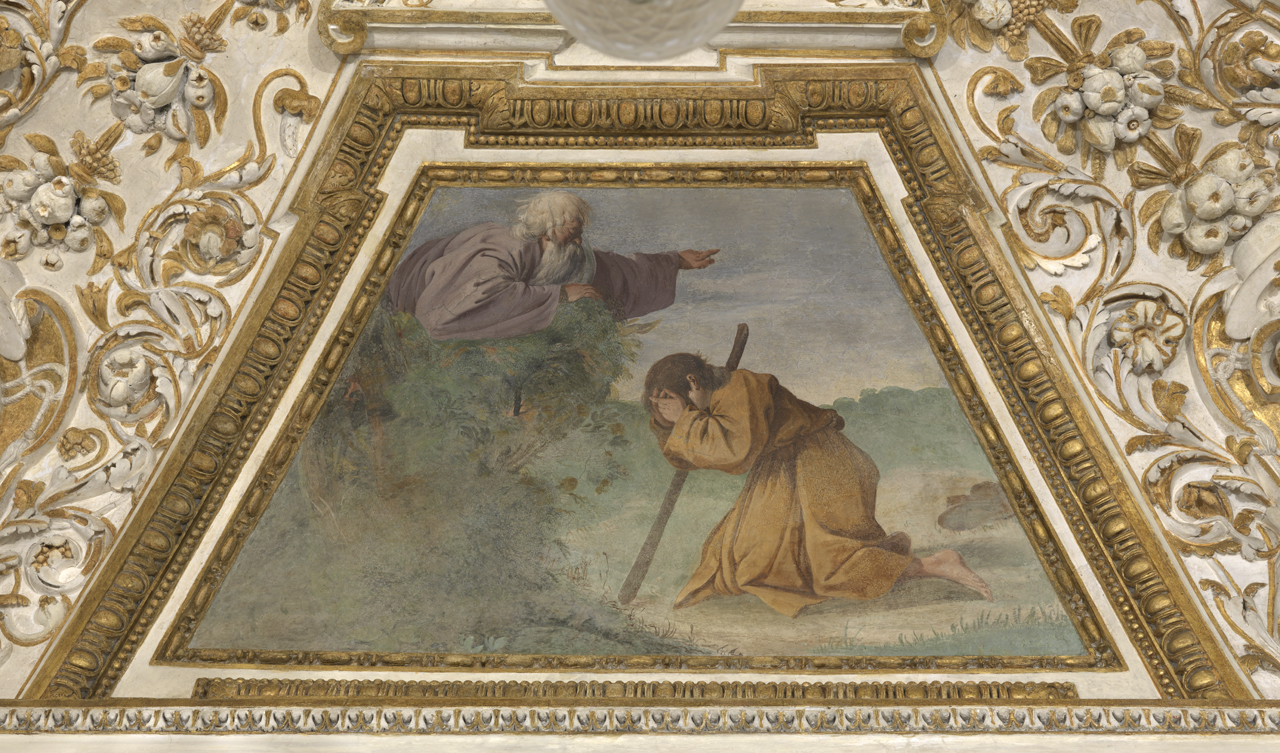 Mosè con il volto coperto davanti al roveto ardente (dipinto murale, elemento d'insieme) di Tassi Agostino (cerchia) (sec. XVII)