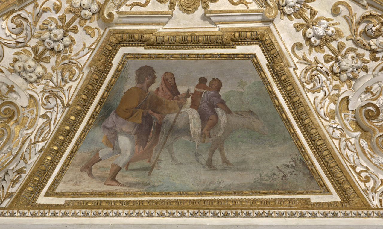 Mosè parte dall'Egitto con la moglie e i figli (dipinto murale, elemento d'insieme) di Tassi Agostino (cerchia) (sec. XVII)