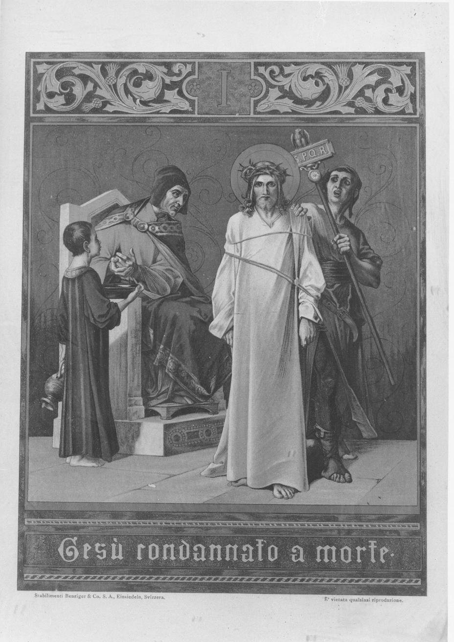 Stazione I: Gesù condannato a morte (stampa a colori, elemento d'insieme) di Benziger August (ultimo quarto sec. XIX)