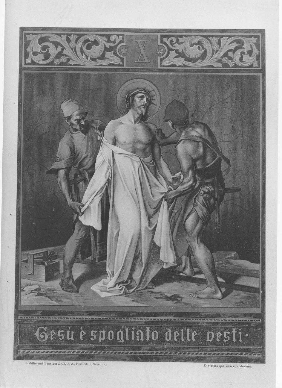 Stazione X: Gesù spogliato e abbeverato di fiele (stampa a colori, elemento d'insieme) di Benziger August (ultimo quarto sec. XIX)