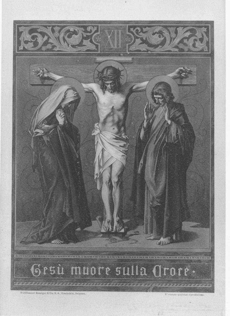 Stazione XII: Gesù innalzato e morto in croce (stampa a colori, elemento d'insieme) di Benziger August (ultimo quarto sec. XIX)