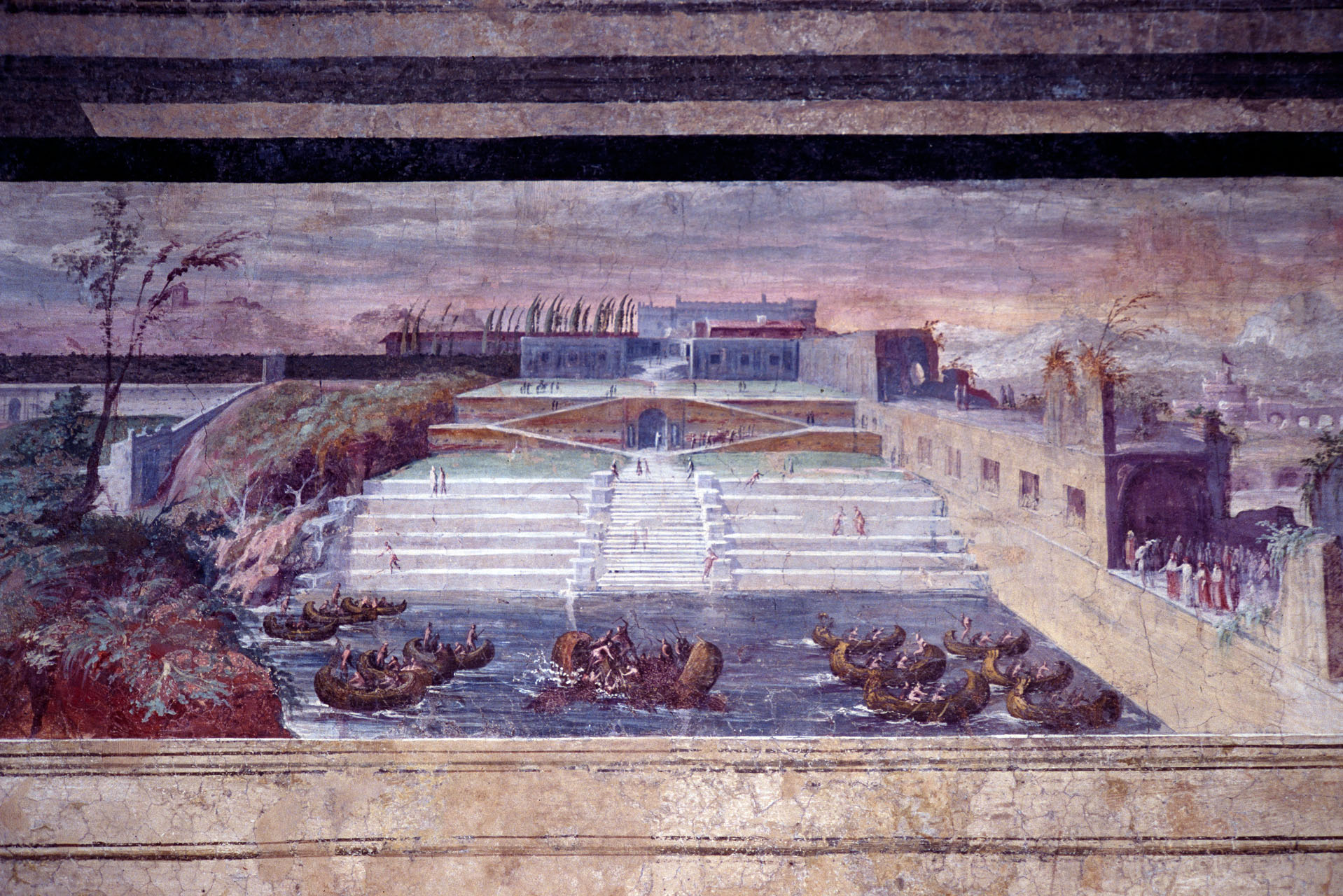 Veduta con architetture e naumachia (dipinto murale staccato) - ambito romano (metà sec. XVI)