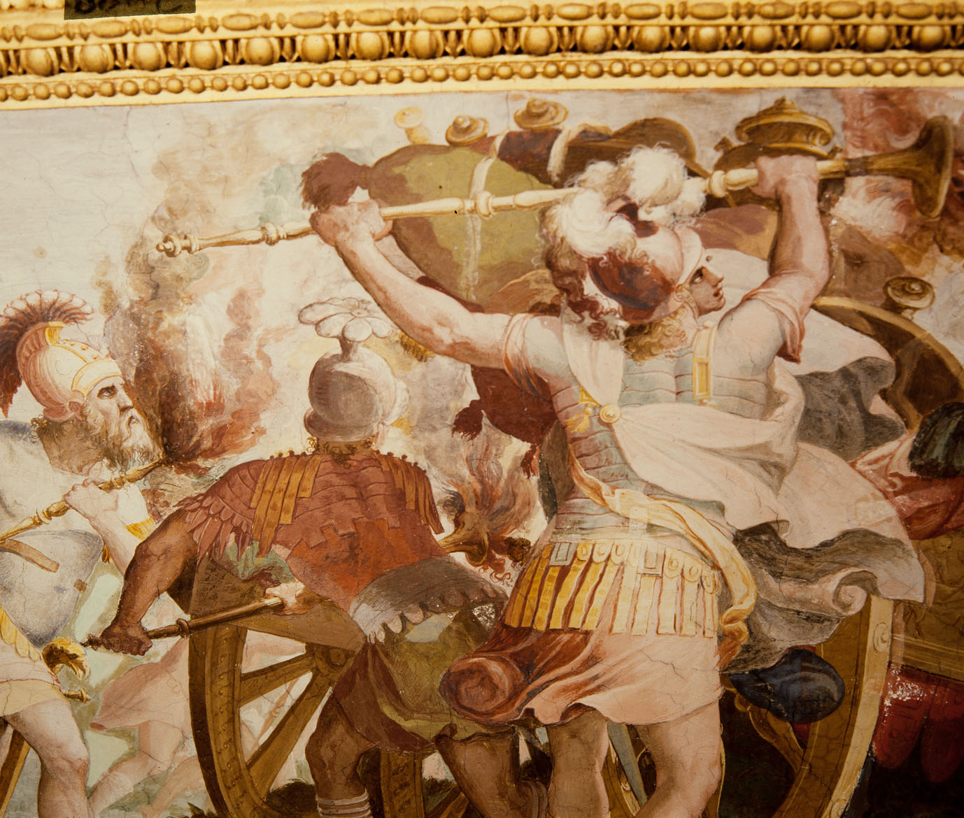 Alessandro Magno brucia il proprio bottino per alleggerire i carri (dipinto murale, elemento d'insieme) di Pino Marco (sec. XVI)
