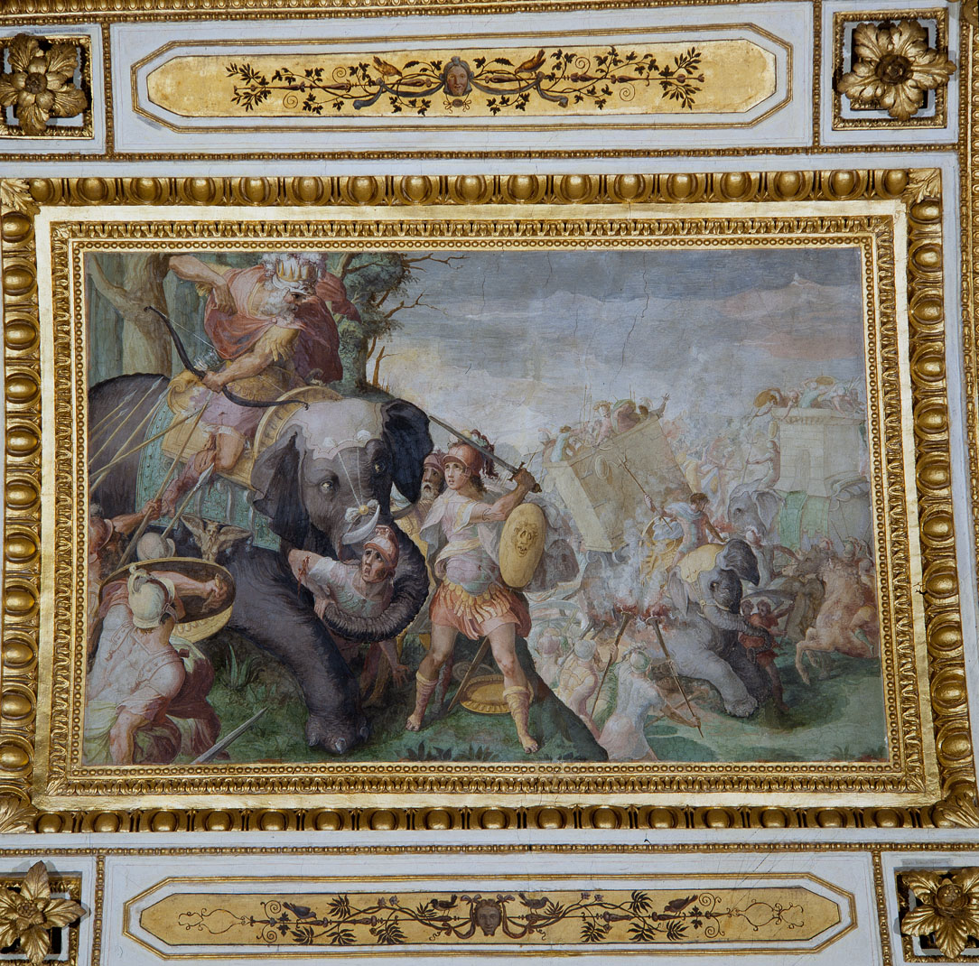 Poro assalito dai soldati macedoni (dipinto murale, elemento d'insieme) di Pino Marco (sec. XVI) 