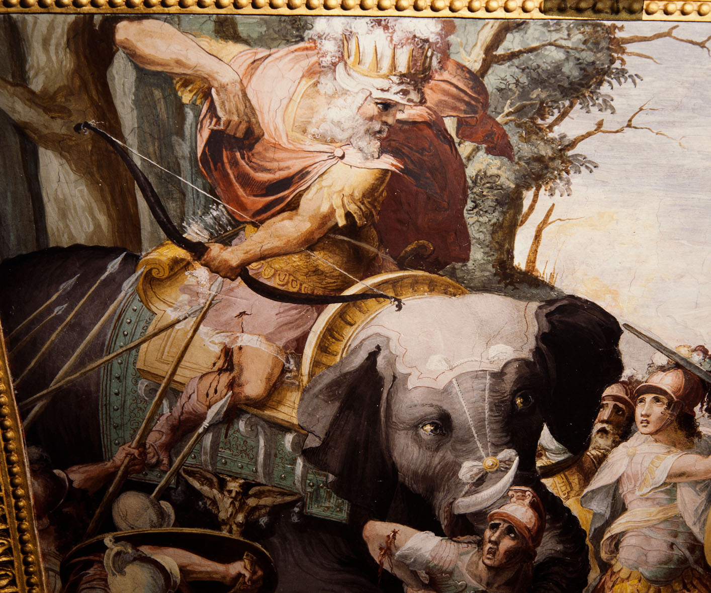 Poro assalito dai soldati macedoni (dipinto murale, elemento d'insieme) di Pino Marco (sec. XVI) 