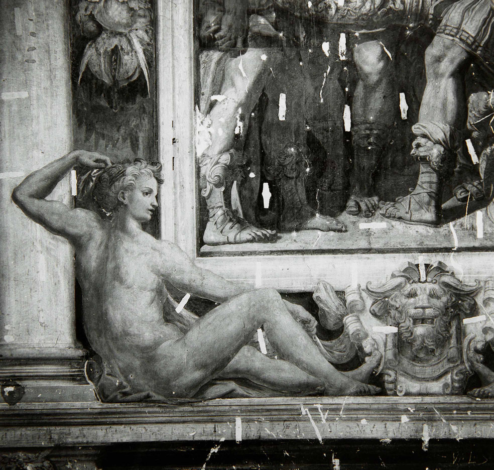 Alessandro Magno taglia il nodo gordiano (dipinto murale, elemento d'insieme) di Bonaccorsi Pietro detto Perin del Vaga, Pellegrini Pellegrino detto Pellegrino Tibaldi (attribuito) (sec. XVI)